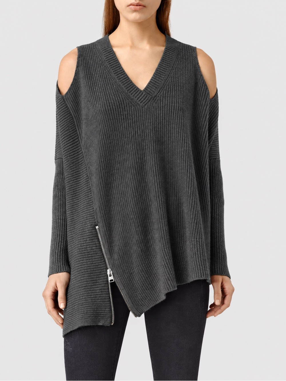 AllSaints Able Alpaca Blend Charcoal Gray Cold Shoulder Asymmetric Zip Sweater S